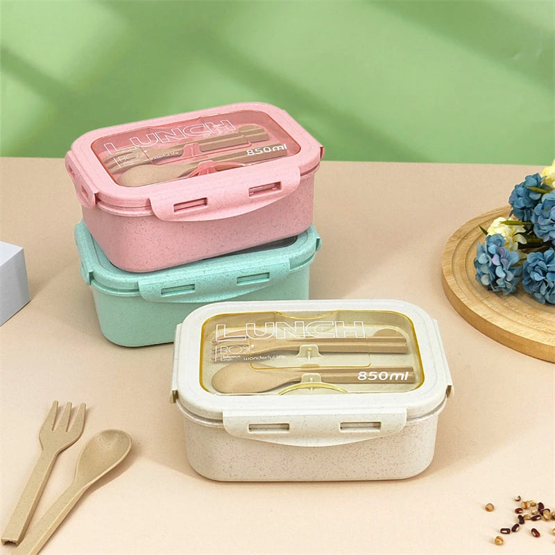 850ml Divided Lunch Box Portable Large Capacity Microwae Bento Box with Fork and Spoon Food Storage Container for School Camping.