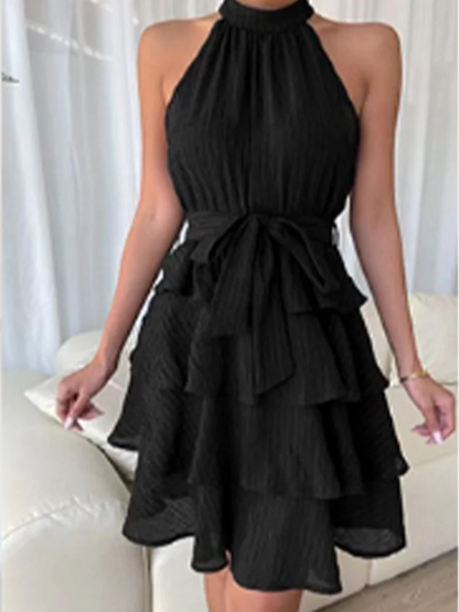 Stilvolles, ärmelloses, schulterfreies, mehrschichtiges Kleid mit Rüschenrand, einfarbiges Minikleid für Damen, Party-Kleider in A-Linie.