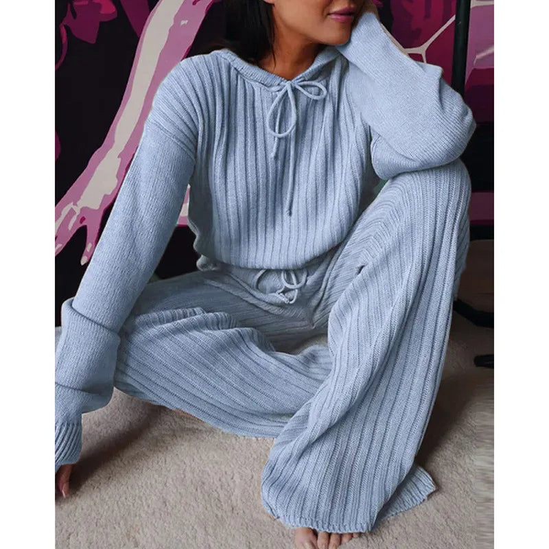 Autumn New Knitted Cotton Sliver Hooded Women's Long Pants Suit Casual Fashion Drawstring Lace Up Pants Female 2 Piece Set 2025.