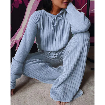 Autumn New Knitted Cotton Sliver Hooded Women's Long Pants Suit Casual Fashion Drawstring Lace Up Pants Female 2 Piece Set 2025.
