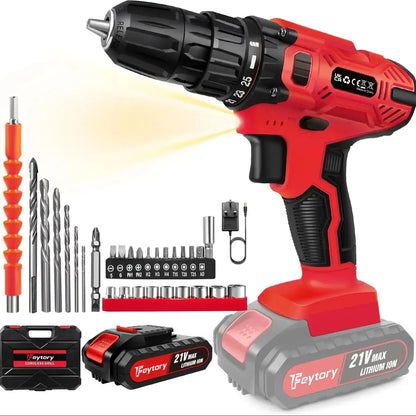 21-V-Batteriebohrmaschine, Elektroschrauber mit 45 Nm, 25+1 Spanndrehmomenteinstellungen, 29-teiliges Zubehör, LED-Licht, Sicherheitsbohrmaschine