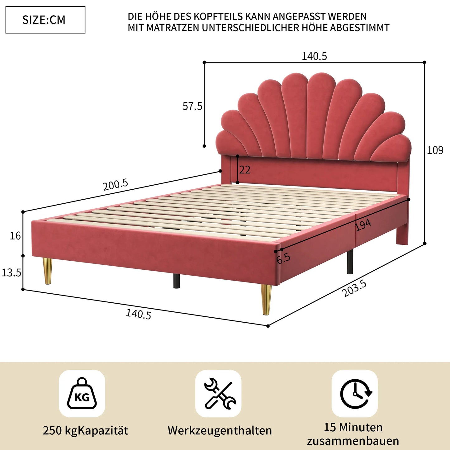 Lazyspace Samt-Doppelbett mit Blütenblättern, 140 x 200 cm Bettgestell mit Blütenblatt-Kopfteil