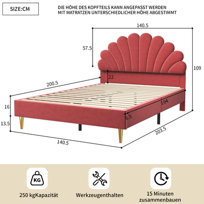 Lazyspace Samt-Doppelbett mit Blütenblättern, 140 x 200 cm Bettgestell mit Blütenblatt-Kopfteil
