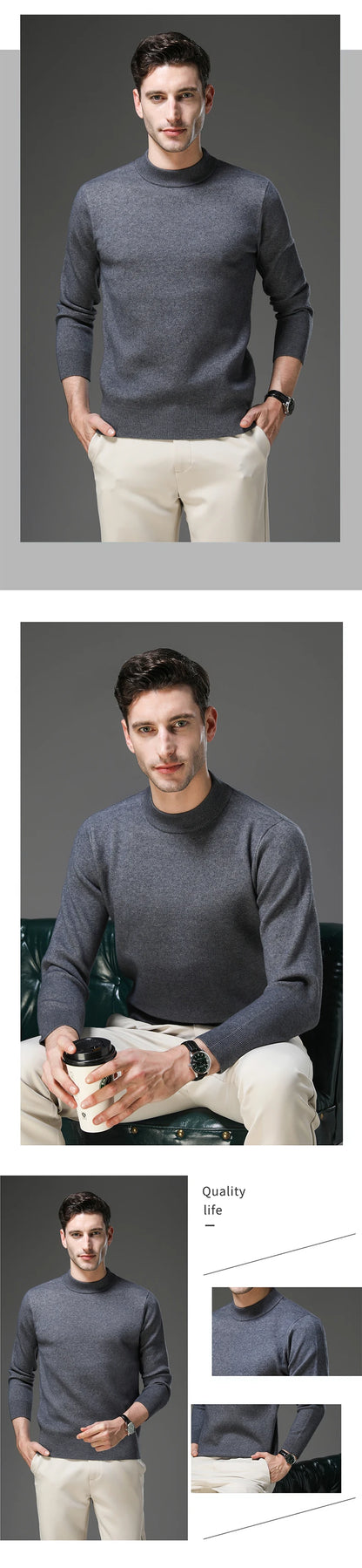 High End Anti-pilling Thick New Fashion Brand Casual Knit Pullover Sweater Half Turtleneck Mens Jumper Designer Clothing.