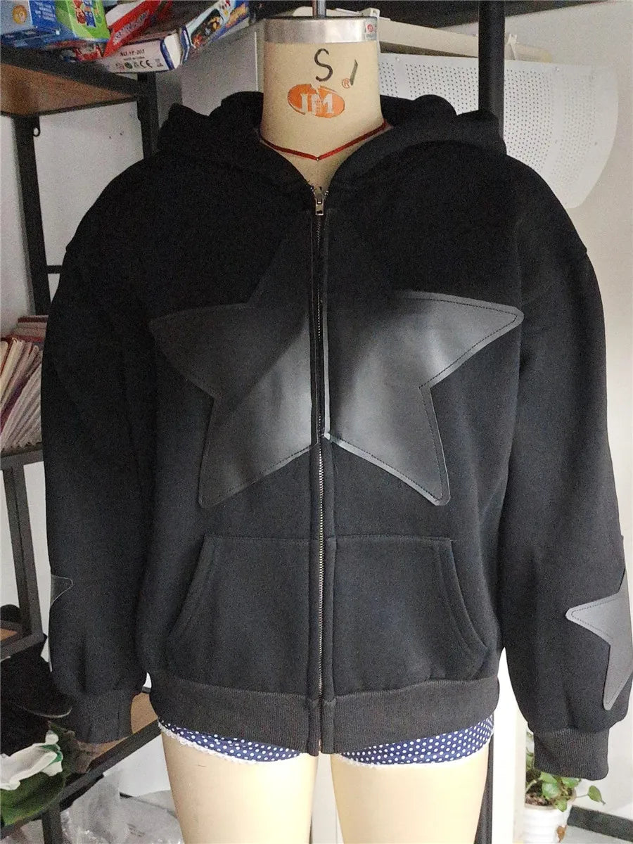 Y2K Vintage Star Print Hooded Hoodie for Women Casual Loose Long Sleeve Zip Up Drawstring Sweatshirts Autumn Spring Coat Street.