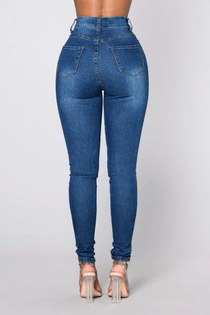 Women High Waist Stretch Hip Lift Denim Skinny Pants Jeans Full Length Sexy Slim Bleachded Solid Color Pants.