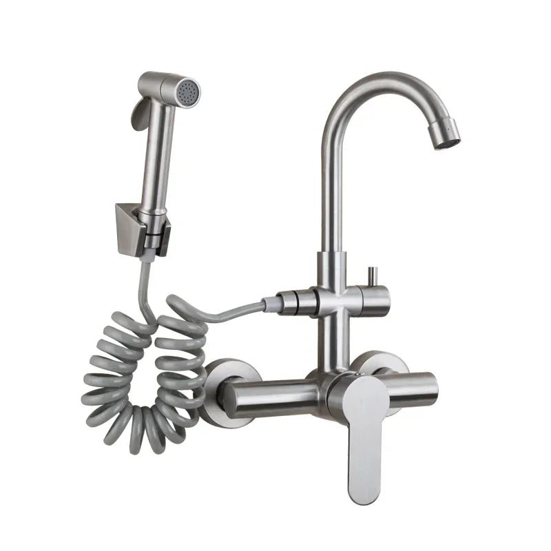 Kitchen Faucet Stainless Steel Double Hole Hot and Cold Mixing Tap Wall Mount Balcony Laundry Swivel Tap With Spray Gun 주방수전