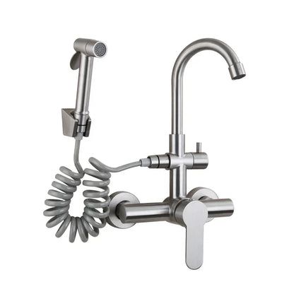Kitchen Faucet Stainless Steel Double Hole Hot and Cold Mixing Tap Wall Mount Balcony Laundry Swivel Tap With Spray Gun 주방수전