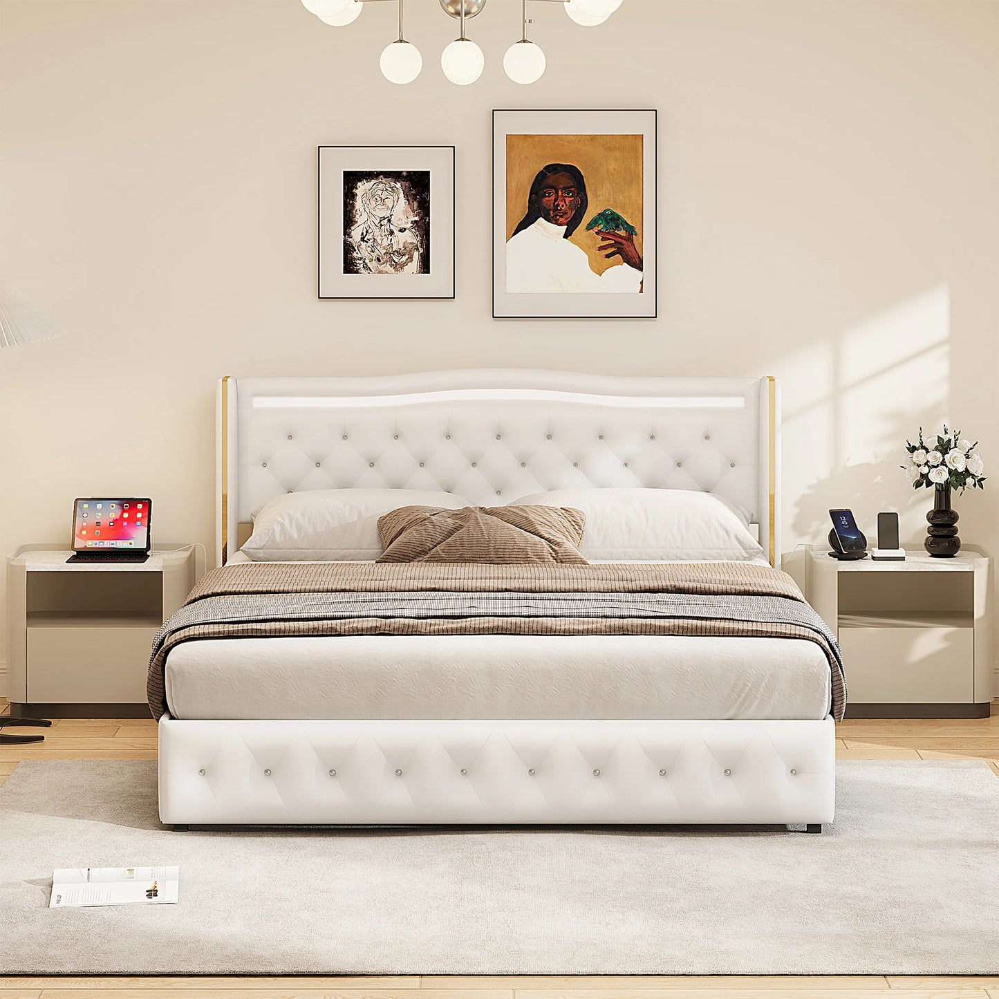 Anajqaqia gepolsterter Doppelbettrahmen 140 x 200 cm, 160 x 200 cm, mit Licht und Aufladung, weißes PU, ohne Matratze