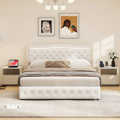 Anajqaqia gepolsterter Doppelbettrahmen 140 x 200 cm, 160 x 200 cm, mit Licht und Aufladung, weißes PU, ohne Matratze