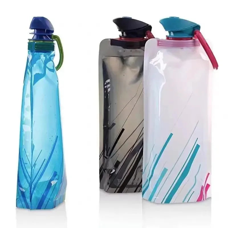 Foldable Water Bottles Flexible Reusable Travel Water Bottle Plastic Water Pouch Soft Flask Water Bag With Carabiner Clip.