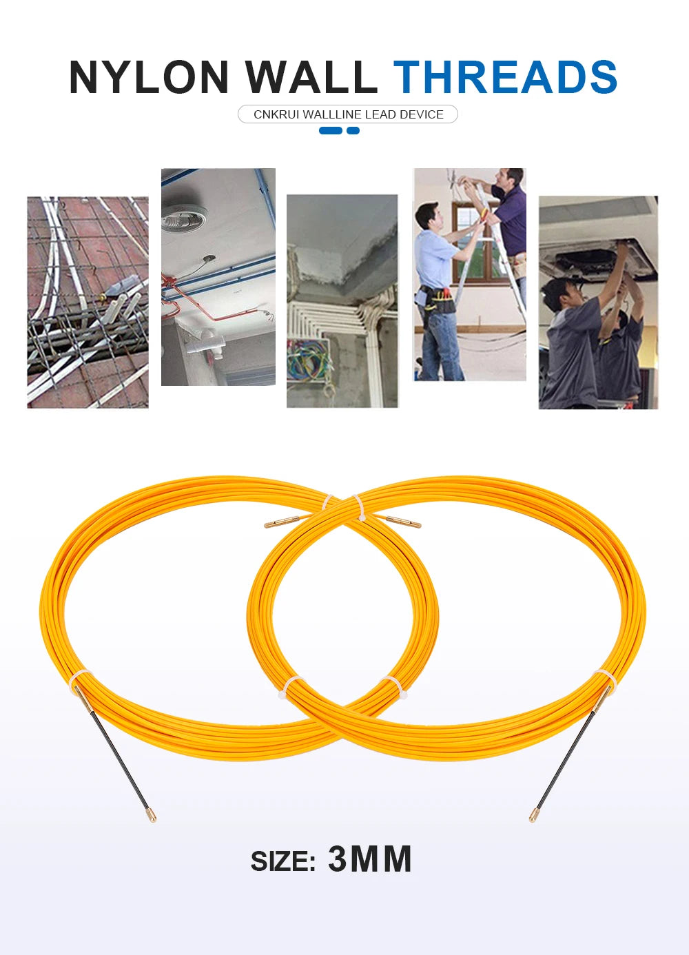 3mm 5M-50M Fiberglass Cable Puller Electrician Tape Conduit Ducting Wall Wire Threader Fish Guide Electrician Pushing Tape.