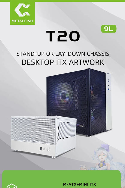METALFISH T20 Mini ITX Case 9L Gaming Computer White Chassis Compact PC Support Flex PSU/100mm Cooler/180Liquid Cooler/240mm GPU.