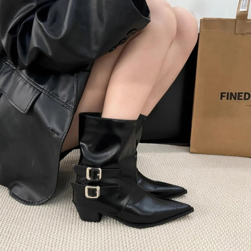 Winter Pointed Toe Thick Heel Women Ankle Boots Elegant Back Belt Buckle Slip On Shoes Street Style Party Short Botas Mujer.