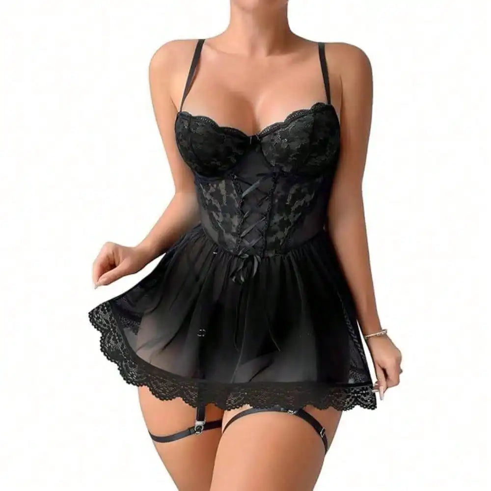 Sexy Garter Belt Mesh Lace Lingerie Dress Set With Thong.