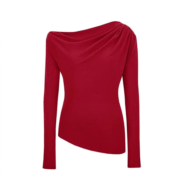 Slim Fit Long Sleeve T-Shirt Shoulder Bared One Shoulder Style Casual Streetwear for Young Women Fashionable And Stylish
