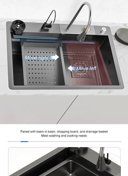 Kitchen Sink Stainless Steel Large Single Slot Multifunctional Tank Wash Basin With Waterfall Faucet Lowe Price