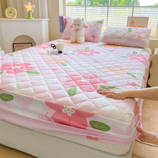 1pc Quilted Bed Cover Floral Style Bedspread Thicken Soft Bed Linen Elastic Mattress Protector cubre colchón (No Pillowcase).