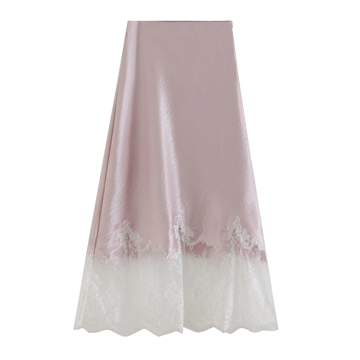 Mia Girl Elegant Satin Long Skirts for Women Oversize Lace Patchwork High Waist A-line Skirt French Style Summer Chic Lady Skirt