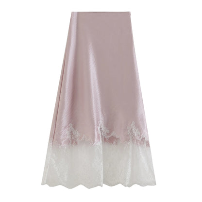Mia Girl Elegant Satin Long Skirts for Women Oversize Lace Patchwork High Waist A-line Skirt French Style Summer Chic Lady Skirt