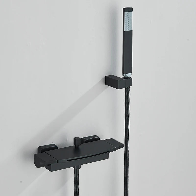 Black Waterfall Shower Faucet Bathroom Wall Mounted Bathtub Shower Faucets Dual Handles Hot Cold Water Mixer Tap with Handshower