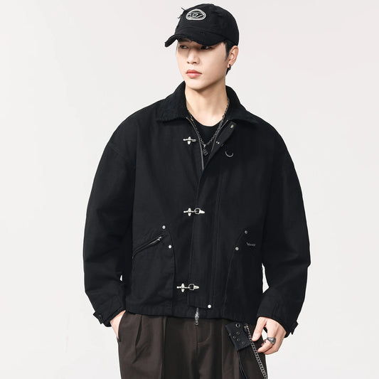 Men Washed Cotton Metal Buckle Streetwear Vintage Loose Casual Short Bomber Cargo Jacket Couple Spring Autumn Coat Outerwear.