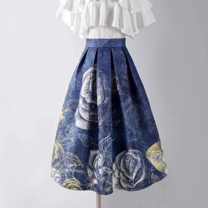 Blue Painting Vintage High Waist Ball Gown A-line Loose Women's Skirt Knee-Length Long Skirts For Women Clothing Fashion 2025.