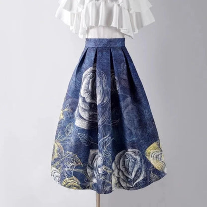 Blue Painting Vintage High Waist Ball Gown A-line Loose Women's Skirt Knee-Length Long Skirts For Women Clothing Fashion 2025.