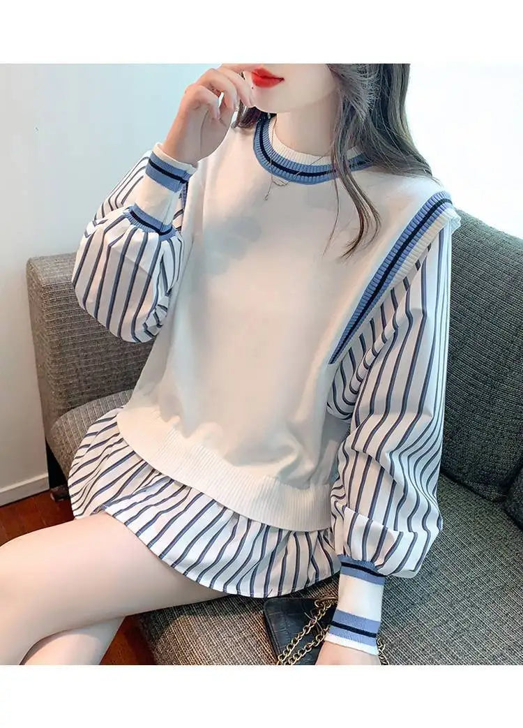 Autumn Preppy Style Patchwork O-neck Fake Two Pieces Top Tee Female Casual Striped Long Sleeve Sweatshirts Women Clothes Tshirt.