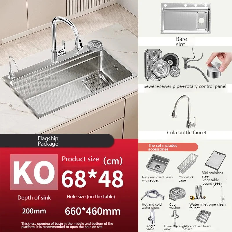 304 Stainless Steel Kitchen Sink Silver Large Single Slot  Multifunction Dishwashing Basin wash vegetables For Kitchen