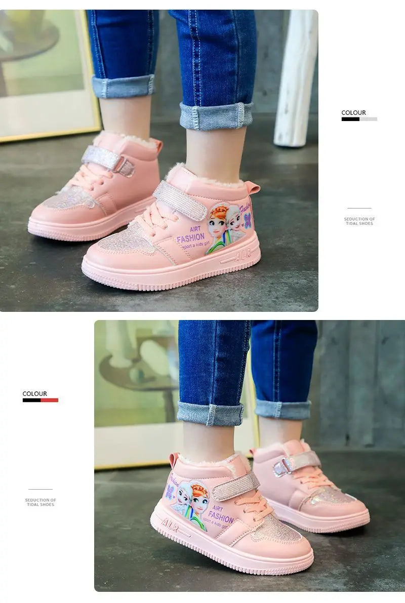 Disney Children Winter Ankle Snow Boots Cartoon Princess Elsa Frozen Pink Casual Shoes For Girls Warm Outdoor Shoes Size 26-37.