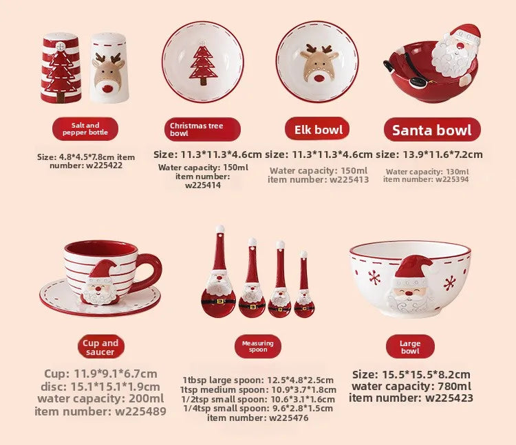 Nordic Stitching Santa Claus Dishes Plates Tableware Set Embossed Sealed Jar Seasoning Jar Western Ceramic Flat Plate Cup.