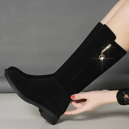 2025 New Women Warm Snow Plush Boots Snow Casual Flat All-match Cotton Fashion Side Zipper Winter Shoes Thigh High Boot Black.