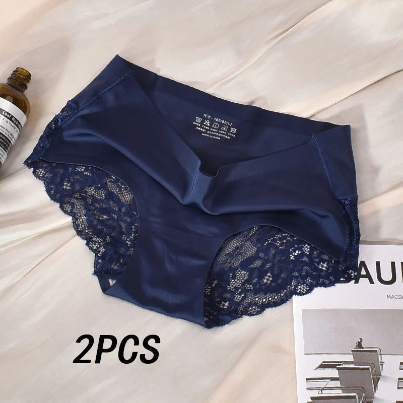 2 Articles Ice Silk Panties Female Mid-waist Non-marking Lace Cotton Crotch Skin-friendly Large Size Breathable Ultra-thin Young.