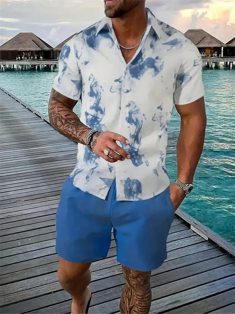 Men's Hawaii Shirt Set Men's 3D Printed Short Sleeve Shirt Shorts Two Piece Summer Beach Lapel Shirt Set Unisex Casual Clothing