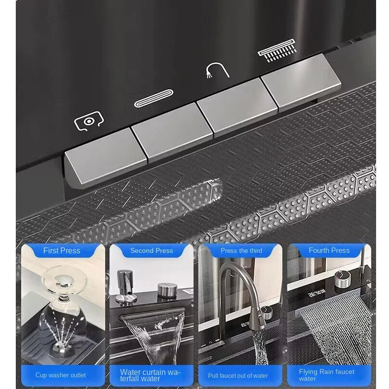 Wasserfall-Küchenspüle aus Edelstahl 304, großes Einzelschlitz-Wasserhahn-Set mit integrierter Digitalanzeige, Seifenspender, Tassenwascher