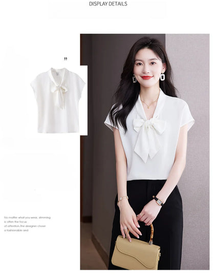 Bow Tie Blouse Shirt for Women OL Elegant Blouses Satin Womens Tops Silk Female Clothing 2023 Korean Fashion Short Sleeve Blouse.