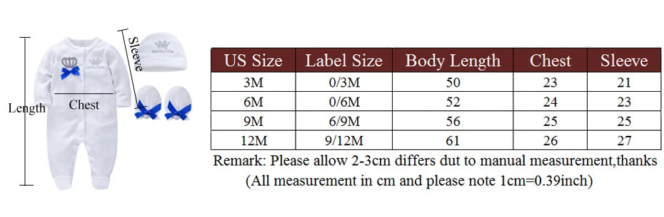 Strampler für Neugeborene, Jungen, königlicher Kronprinz, 100 % Baumwolle, Kleidungsset mit Mütze, Handschuhen, Einteiler für Kleinkinder, Mädchen, Schlafanzüge.