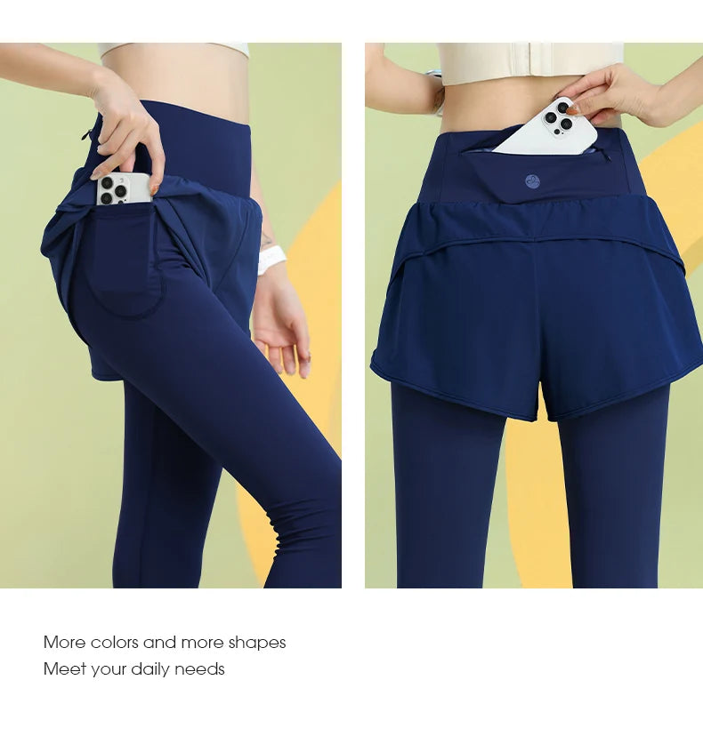 PHIGEER Women 2 in 1 Yoga Capri Pants Summer Lightweight Workout Tights With Pockets High Waist Running Gym Legging Activewears.