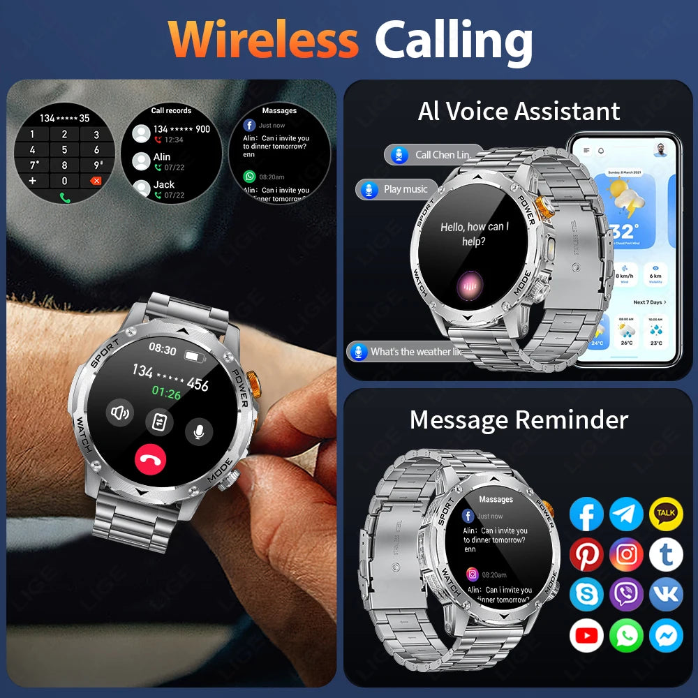 LIGE 2025 New 1000mah Smart Watch Men AMOLED HD Display Sport Fitness LED Flashlight Bluetooth Call Smartwatch For HUAWEI XIAOMI.