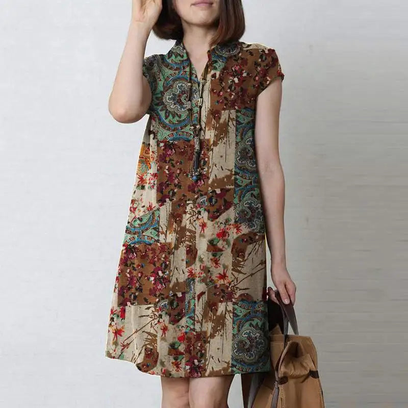 Zanzea Vintage Sommerkleid Sommer knielanges Kleid Frauen Kurzarm lässig Urlaub Kleider Bohemian Blumen gedruckt Vestidos Robe