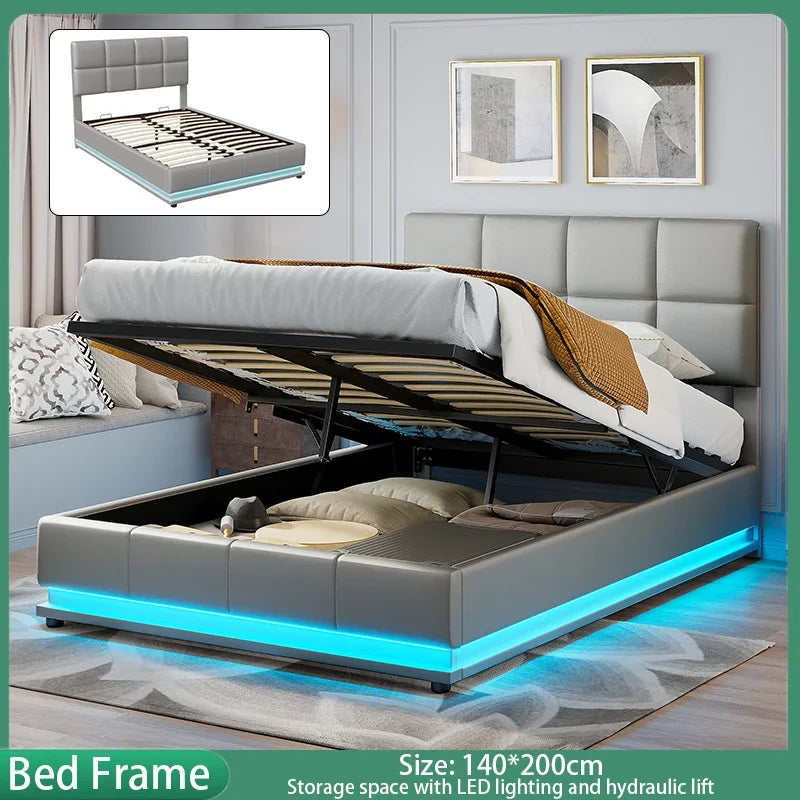 Anajqaqia Polsterbettgestell mit LED-Beleuchtung, 140 x 200 cm, mit hydraulischem Stauraum, Grau
