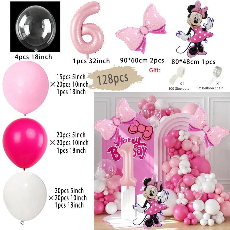128PCS Minnie Maus Rosa Schleife Aluminium Form Ballon Girlande Bogen Set Mädchen Prinzessin Geburtstag Party Baby Dusche Dekoration Lieferungen
