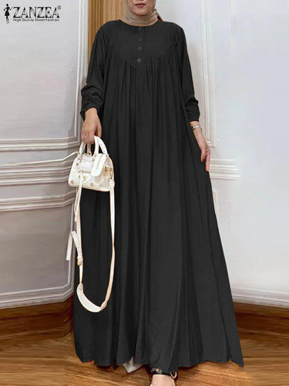 Women Autumn Muslim Long Dress Abaya Long Sleeve Hijab Vestidos Islamic Robe Femme ZANZEA Vintage Ramadan Maxi Sundress Kaftan.