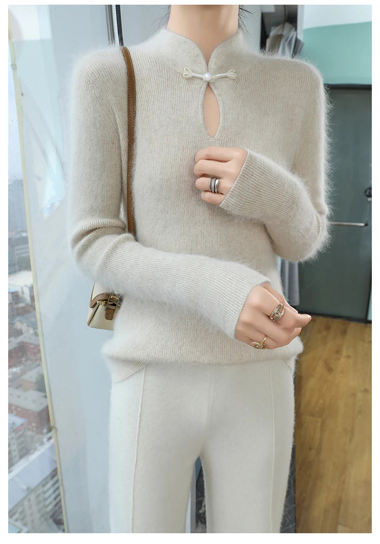 2024 autumn winter new 100% mink cashmere sweater women's pullover slim-fit long sleeve solid color stand collar bottom knitwear.