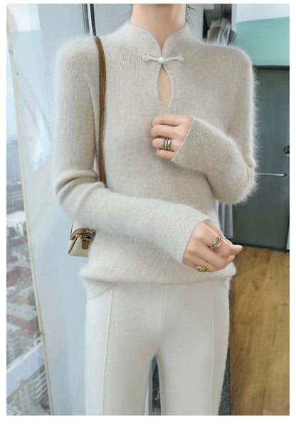 2024 autumn winter new 100% mink cashmere sweater women's pullover slim-fit long sleeve solid color stand collar bottom knitwear.