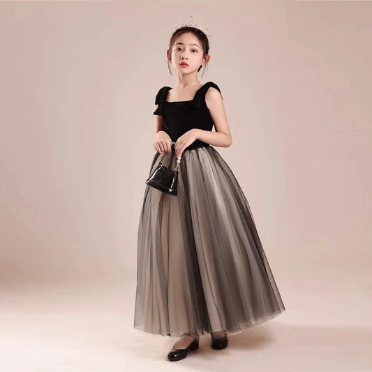 Kinderkleid Mädchen Mode Klavier Violine Performance Kleid Schwarz Samt Mesh Host Chor