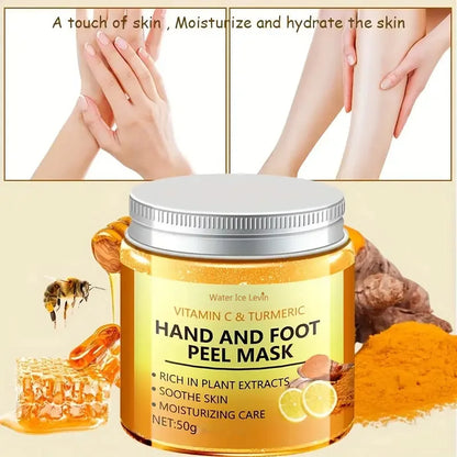 Vitamin c and turmeric hand wax mask for hands and feet, smoothing skin, gently cleansing hand mask, illuminating hand skin.