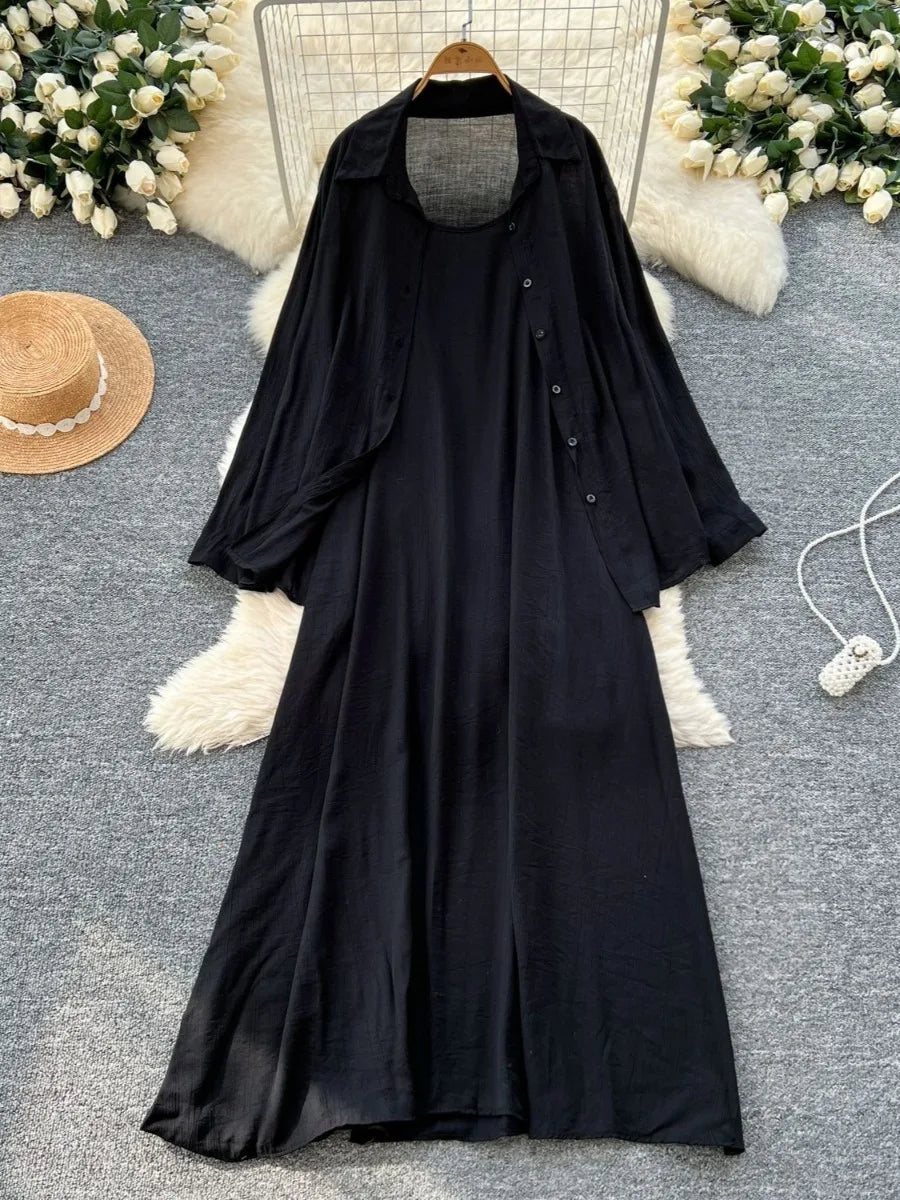 Muslim Women Shirt Dress Two Piece Set Solid Modest Suits Ramadan Musulman Ensemble Morocco Dubai Abayas Islam Outfits Jalabiya