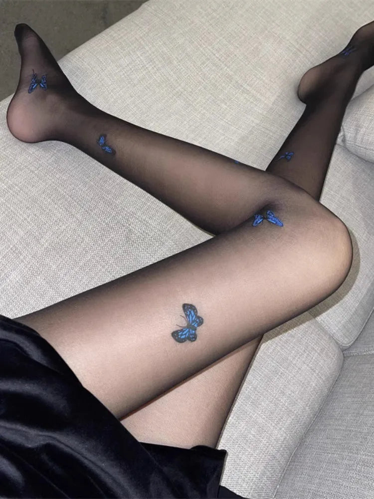 Sexy Butterfly Tights Vintage Y2K Fake Tattoo Butterfly Black Transparent Silk Pantyhose Women Lolita Summer Ultra-thin Stocking.